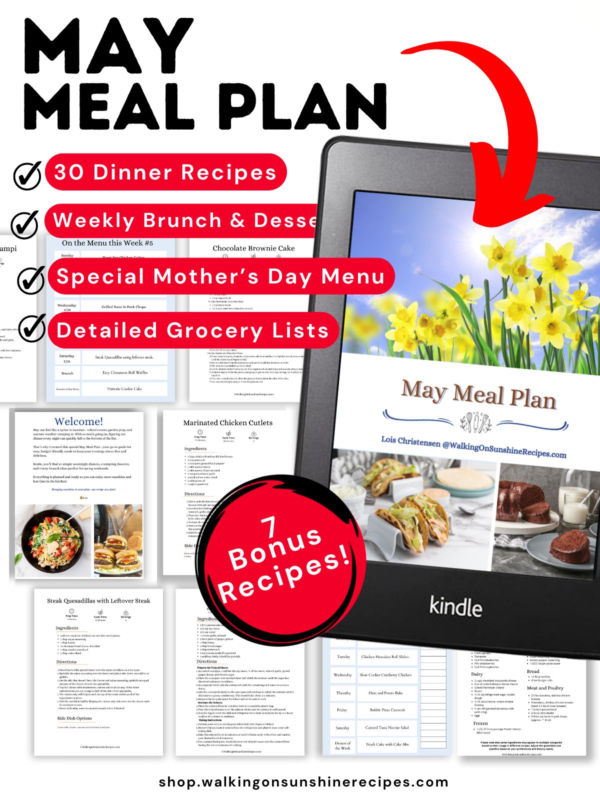 May Meal Plan promo with 7 bonus recipes.