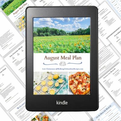 August meal plan photo in Kindle over individual pages of the plan.