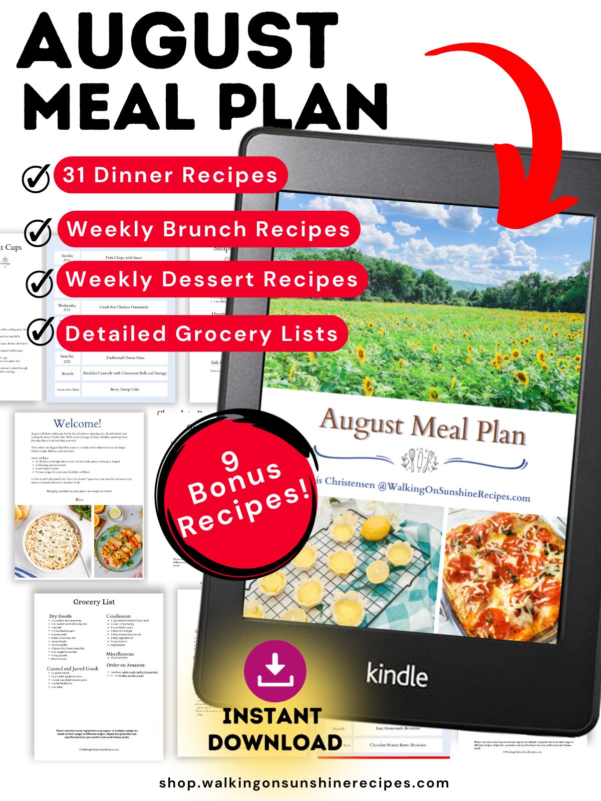 August meal plan promo with Kindle and sample pages.