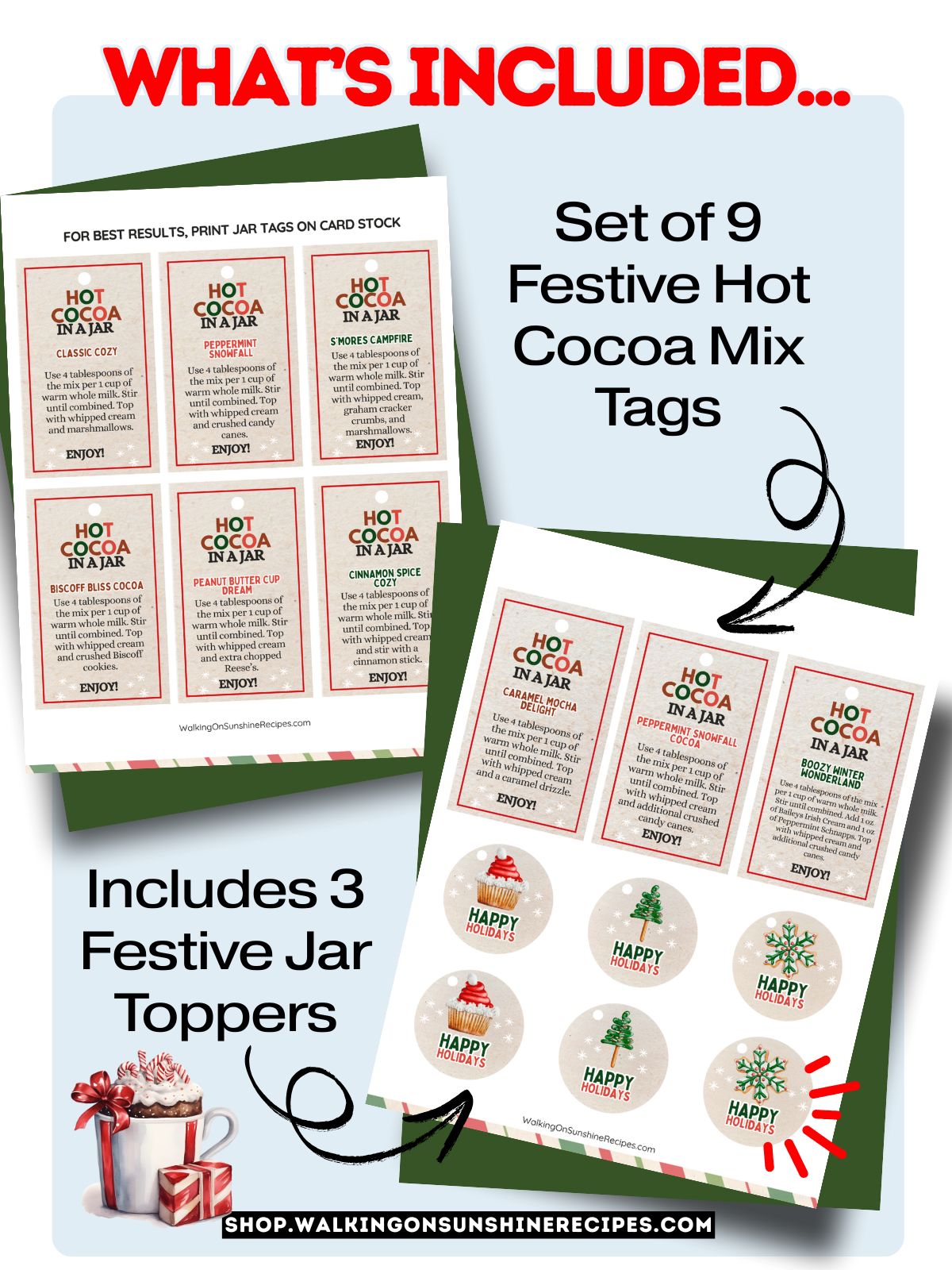 2 photos of the printable gift tags and mason jar toppers for hot cocoa cheat sheet.