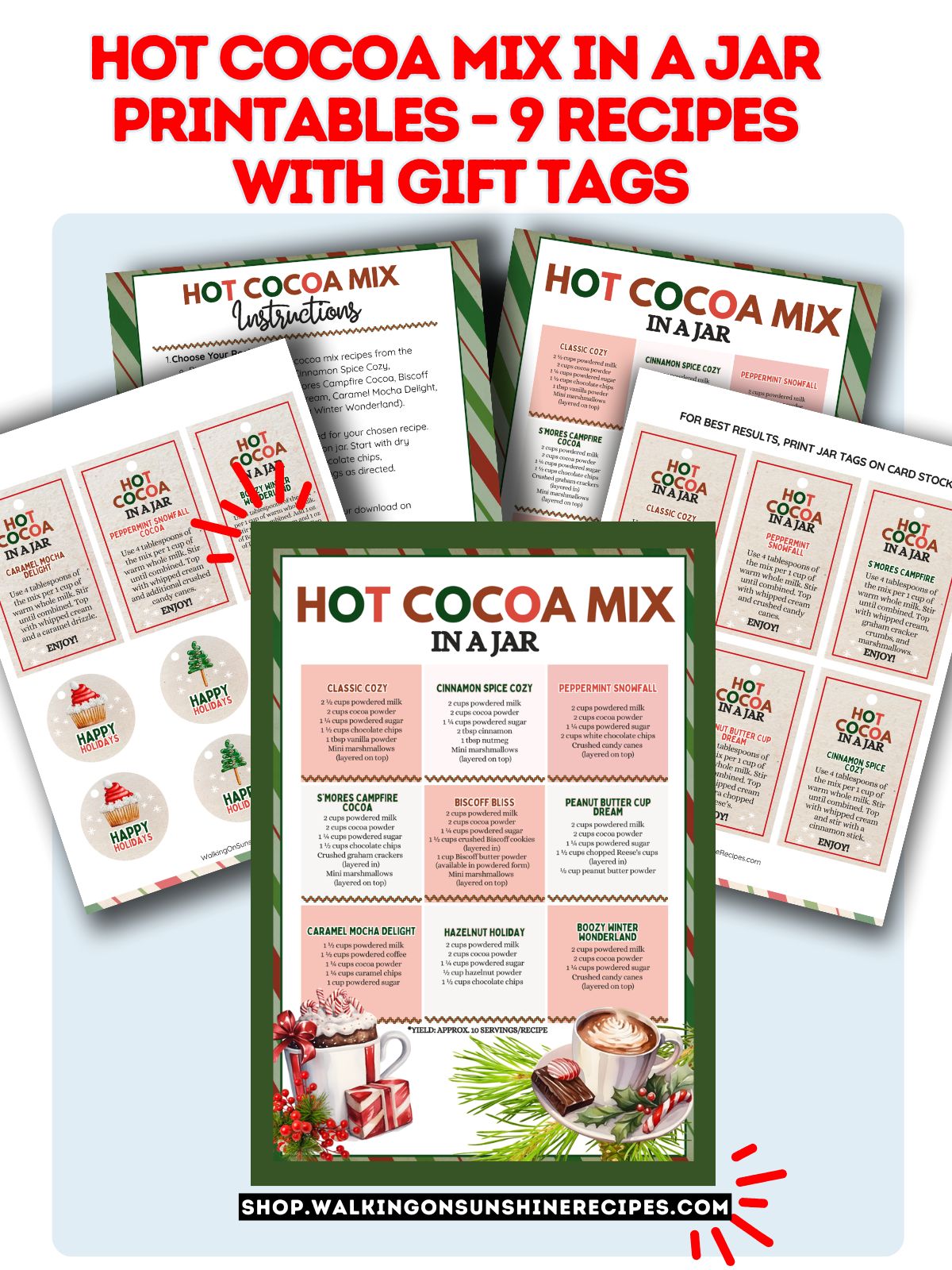 promo photo of the printable hot cocoa mix in a jar printable set with gift tags and mason jar toppers.