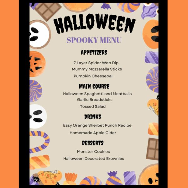 printable menu to use for Halloween dinners.