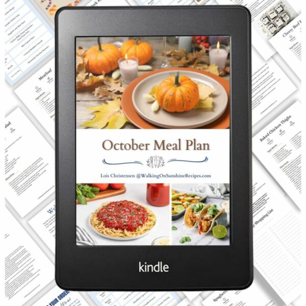October meal plan with kindle photo and sample recipes.