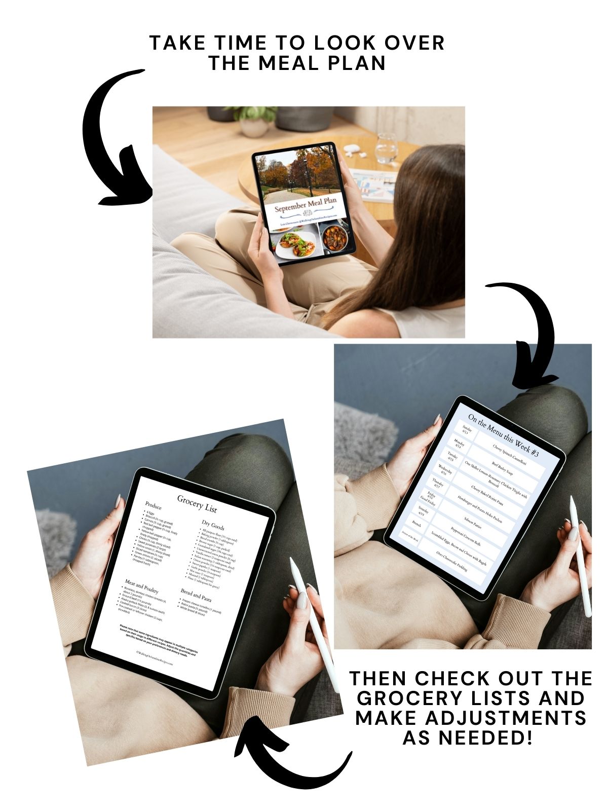 3 different photos of meal plan.