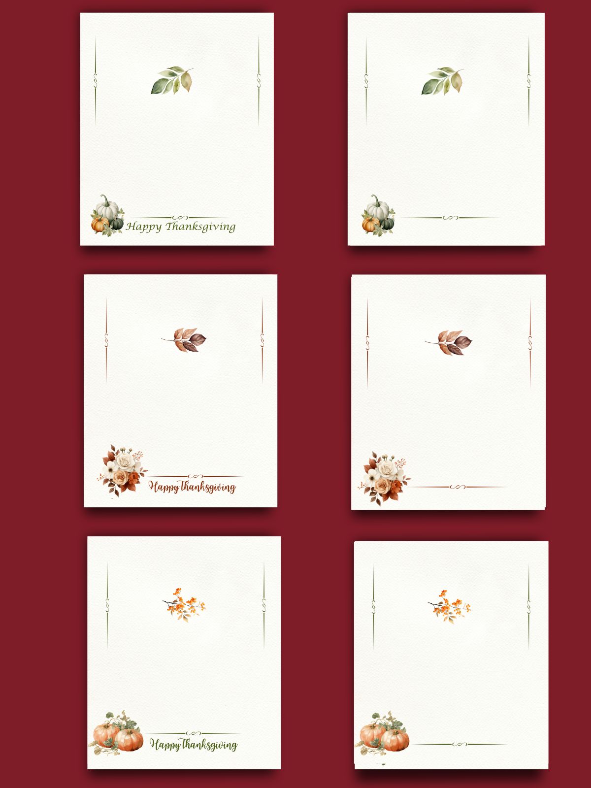6 designs of place cards for Thanksgiving.
