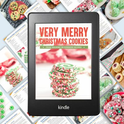 Kindle photo of Christmas cookie ebook on top of collage photo of individual pages.