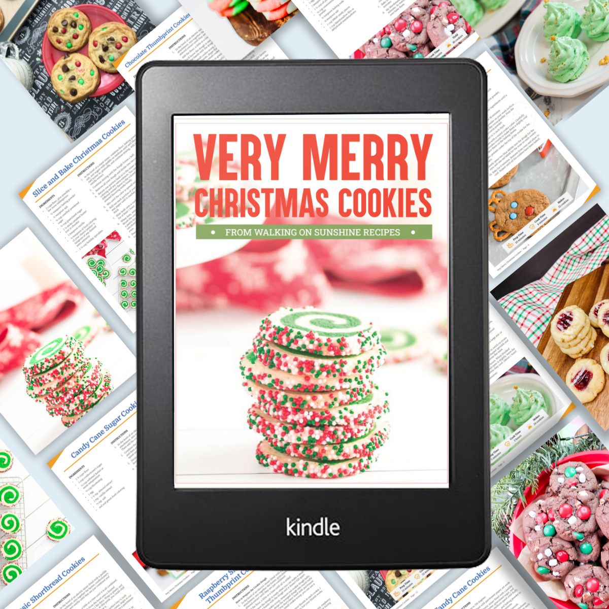 Kindle photo of Christmas cookie ebook on top of collage photo of individual pages.