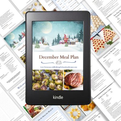 Kindle photo for December meal plan on top of sample pages.