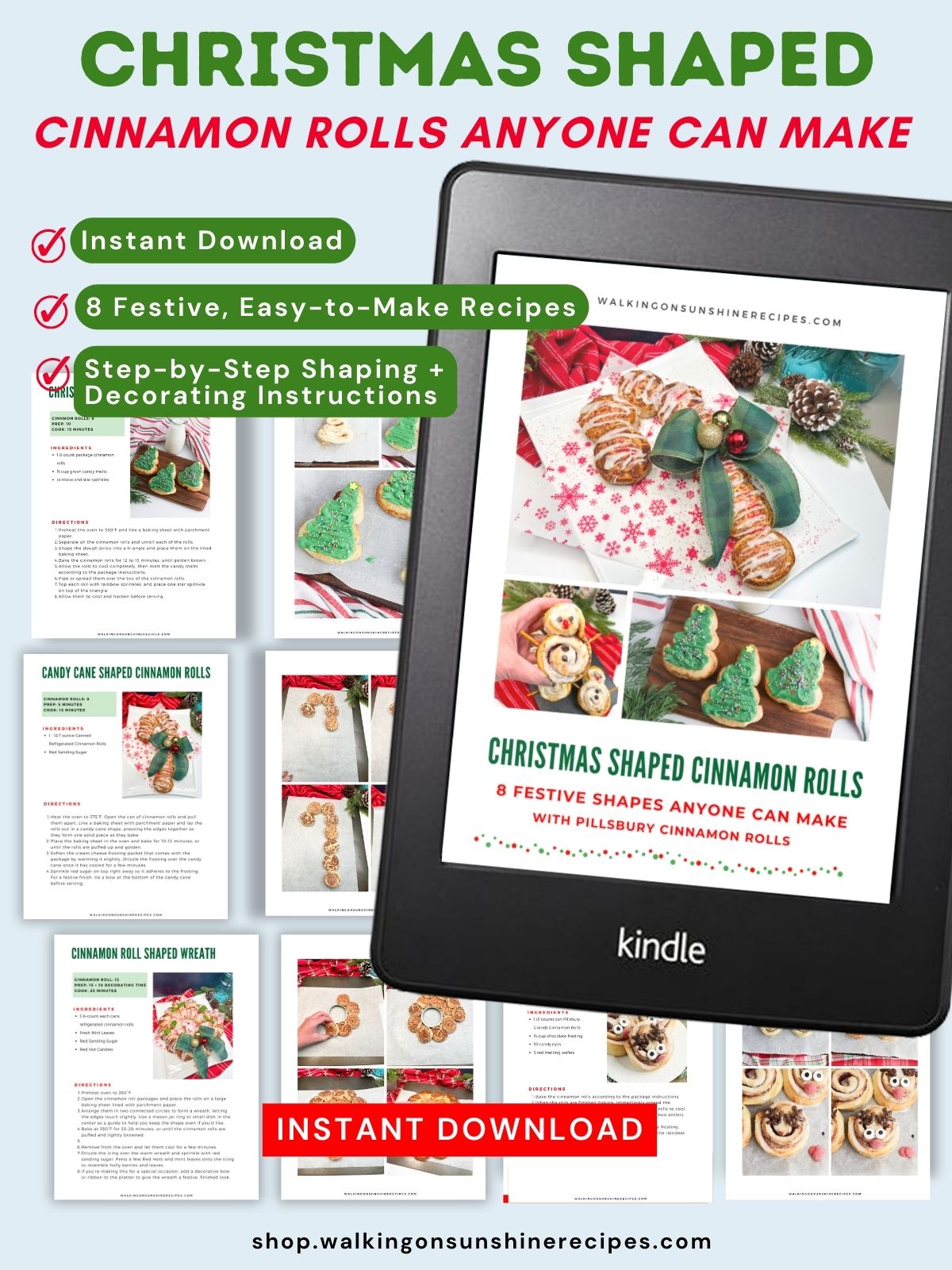 large main promo photo with kindle and sample pages of Christmas Cinnamon Roll Recipes ebook.