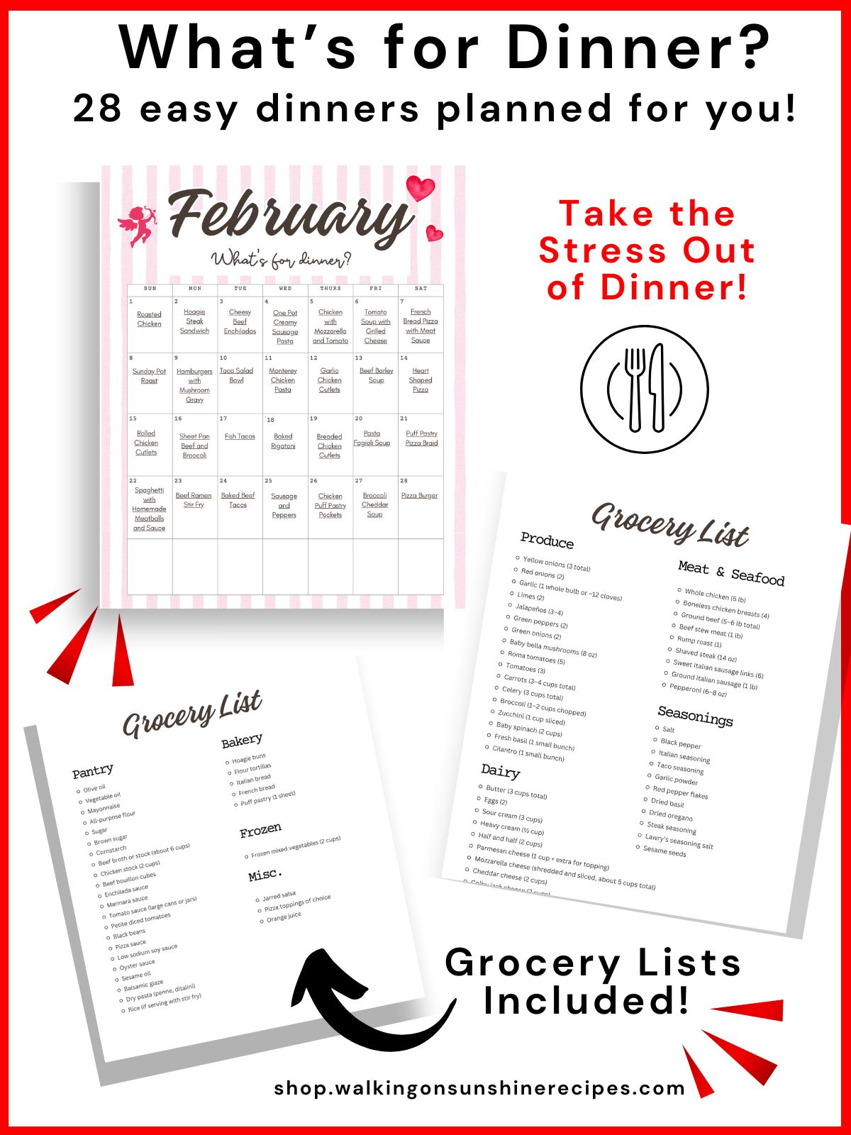Printable February meal calendar showing 28 family-friendly dinner ideas with grocery lists included.