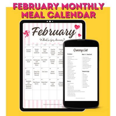 February meal calendar with easy dinner ideas and grocery list.
