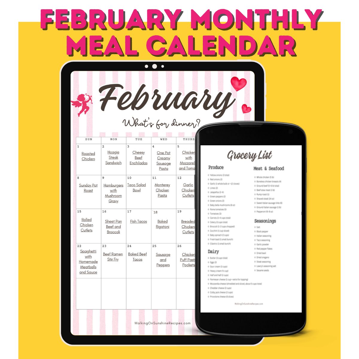 February meal calendar with easy dinner ideas and grocery list.