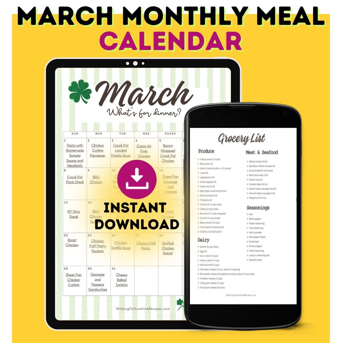 March Monthly Meal Calendar printable displayed on tablet and phone with 31 dinner ideas, organized grocery list, and instant download option.