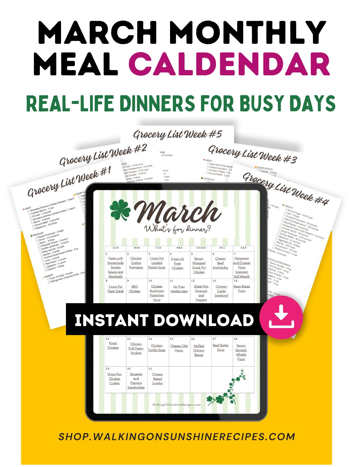 March Monthly Meal Calendar printable with 31 family-friendly dinner ideas, weekly grocery lists, and instant download.