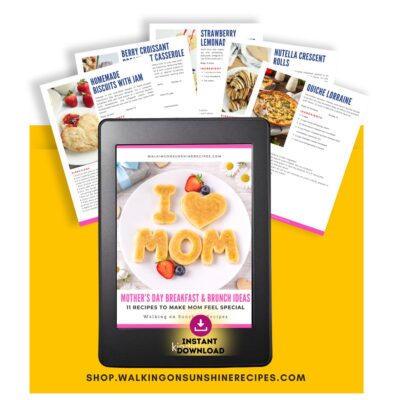 Tablet showing Mother’s Day breakfast recipe ebook with printable recipe pages.