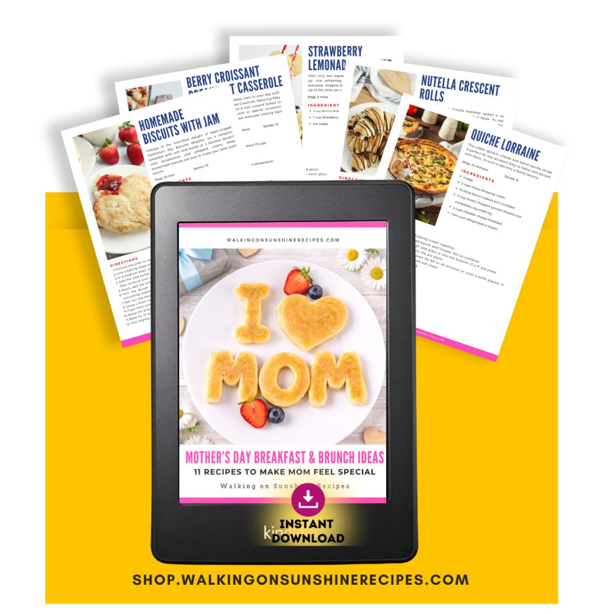 Tablet showing Mother’s Day breakfast recipe ebook with printable recipe pages.