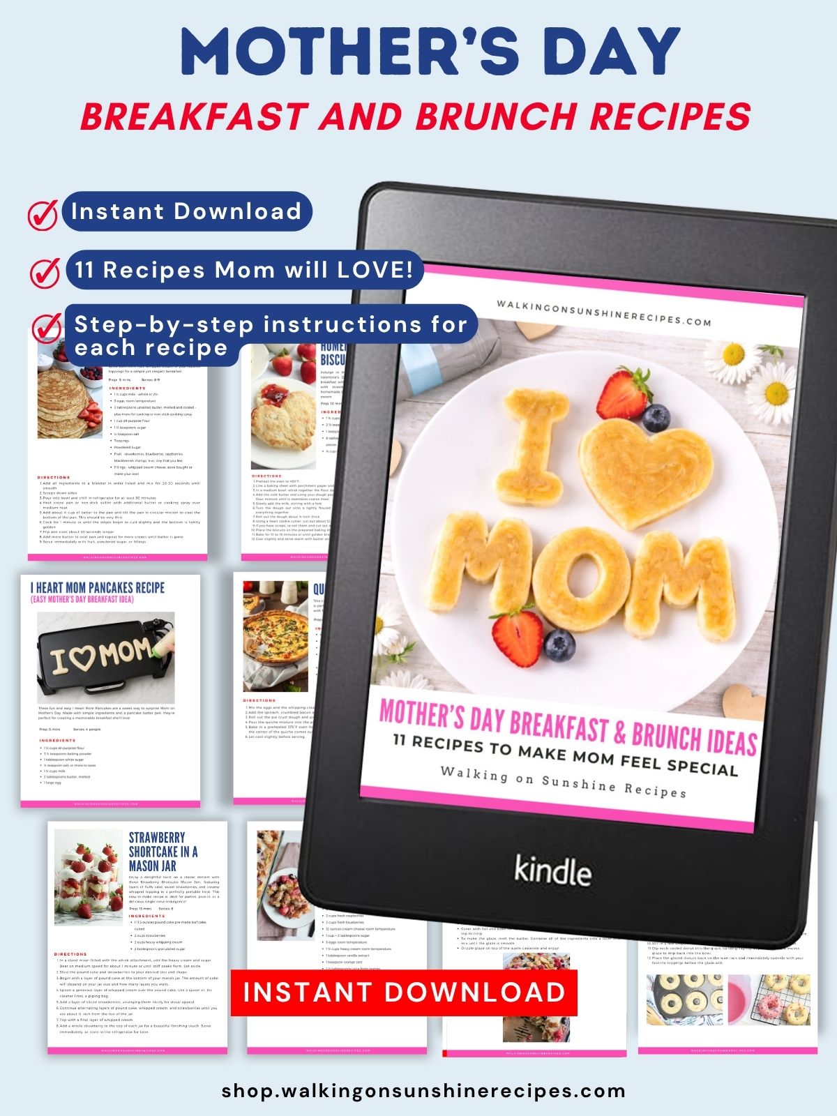 Printable Mother’s Day recipe ebook sample pages with breakfast and brunch ideas.