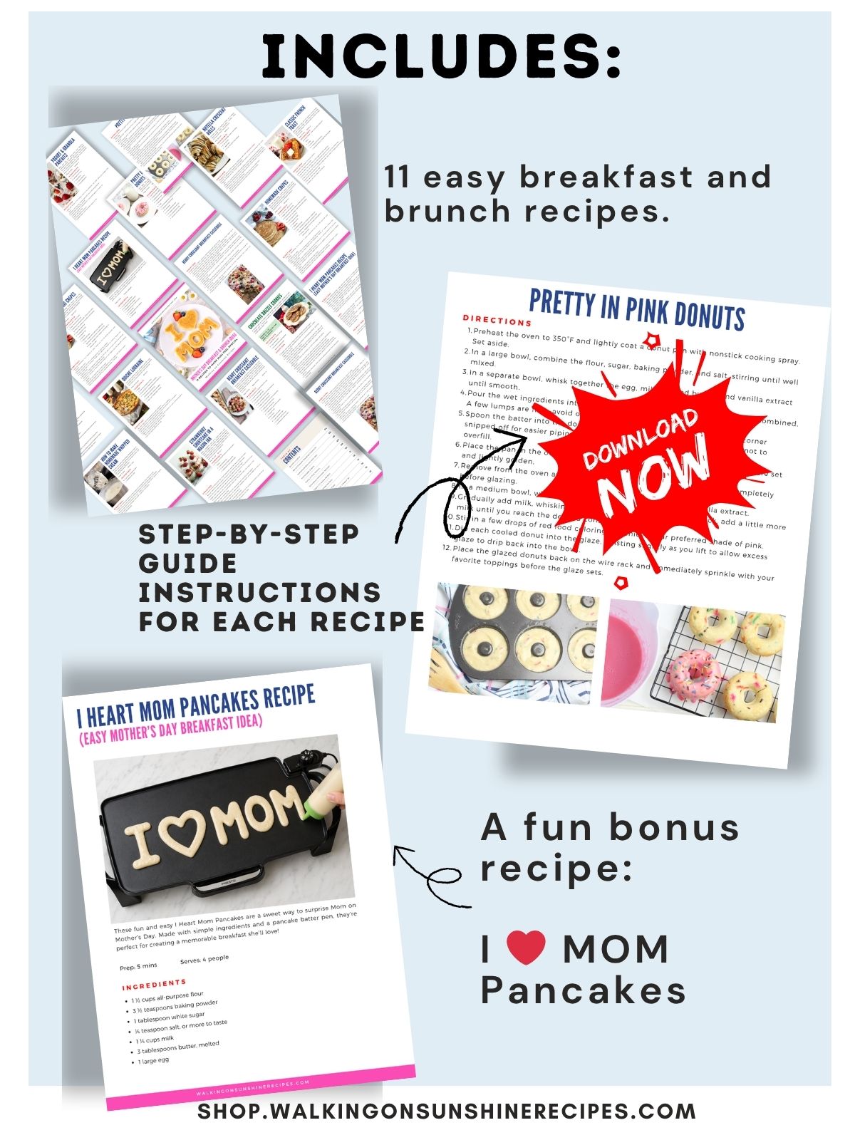 Mother’s Day recipe ebook preview showing breakfast recipes and bonus I love mom pancakes.