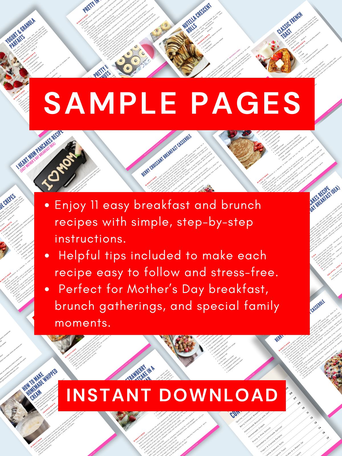 Sample pages preview of Mother’s Day brunch recipe ebook featuring 11 easy recipes.