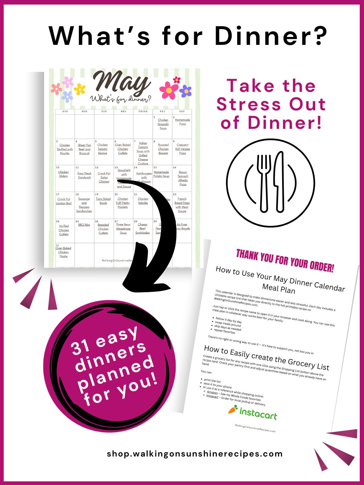 May meal plan promo with 31 easy dinners planned and printable calendar.