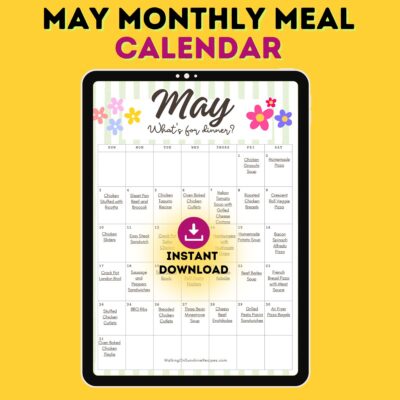 May monthly meal calendar with 31 easy dinner ideas and instant download.