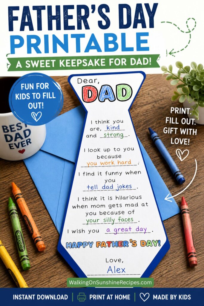 Completed Father's Day printable necktie letter craft showing a personalized keepsake gift for Dad created by a child.