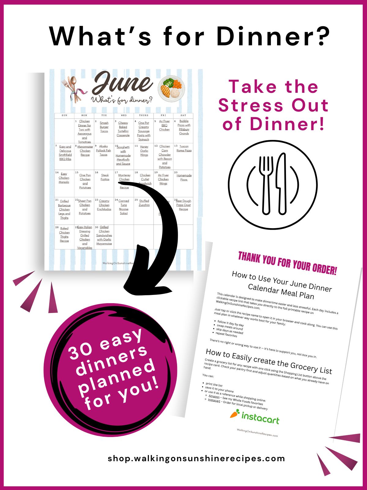 June 2026 monthly meal plan calendar featuring 30 easy dinner recipes with clickable links and meal planning resources.