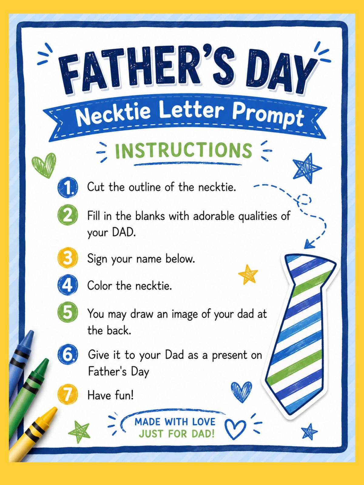 Father's Day necktie letter prompt instructions page featuring step-by-step directions for a printable kids' keepsake gift for Dad with colorful crayons and tie illustration.