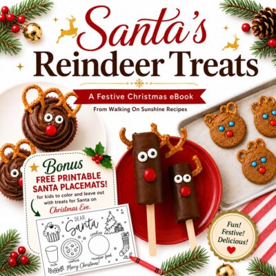 FEATURED Photo Santa’s Reindeer Treats Christmas eBook with reindeer cupcakes, cookies, chocolate treats, and free printable Santa placemats.